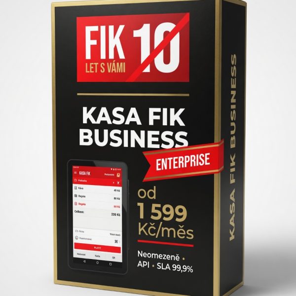 KASA FIK BUSINESS — prémiový 3D softwarový box s KASA FIK logem, POS screenshotem a cenou 1 599 Kč/měs. Pro enterprise.