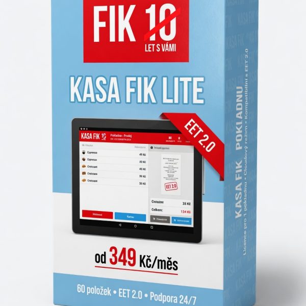 KASA FIK LITE — 3D softwarový box s KASA FIK logem, POS screenshotem a cenou 349 Kč/měs. Pro malé živnostníky.