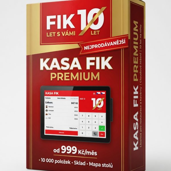 KASA FIK PREMIUM — luxusní 3D softwarový box s KASA FIK logem, POS screenshotem a cenou 999 Kč/měs. Pro obchody a gastro.