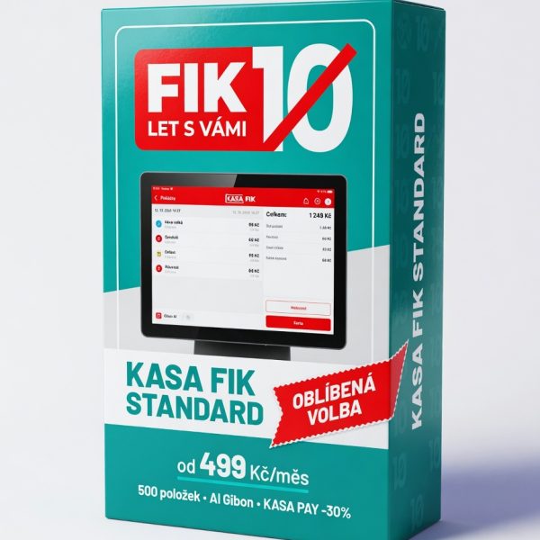 KASA FIK STANDARD — 3D softwarový box s KASA FIK logem, POS screenshotem a cenou 499 Kč/měs. Pro obchodní pokladny.